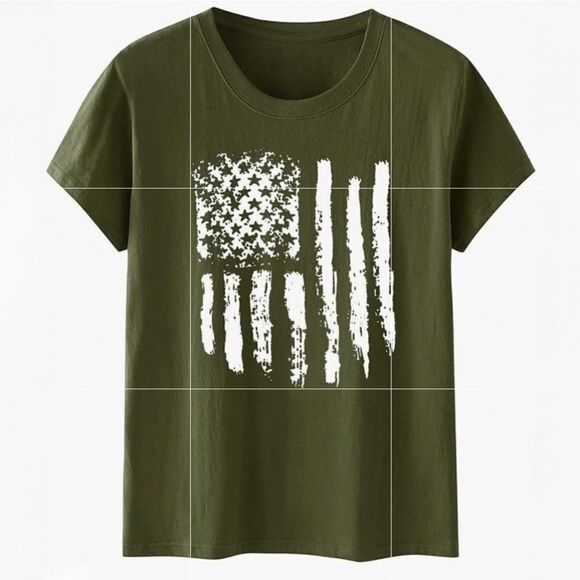 Women's Army Green American Flag Graphic Crewneck Short Sleeve Tee - Picture 3 of 12
